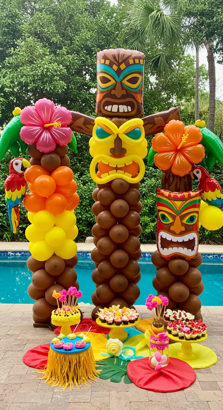 Des totems Tiki colorés en ballons au bord d'une piscine pour une fête hawaïenne.