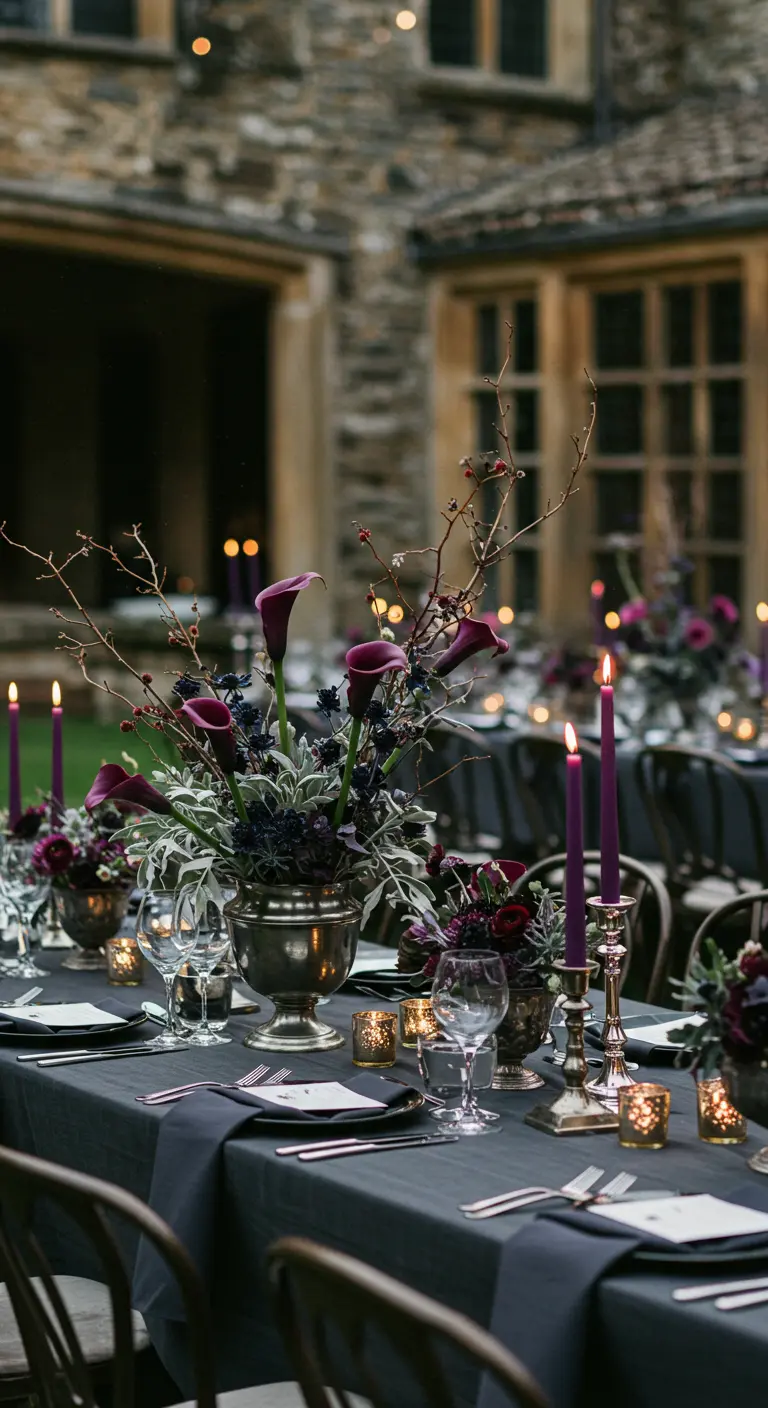 Table de mariage gothique avec des arums violets, des bougies pourpres et une nappe grise.