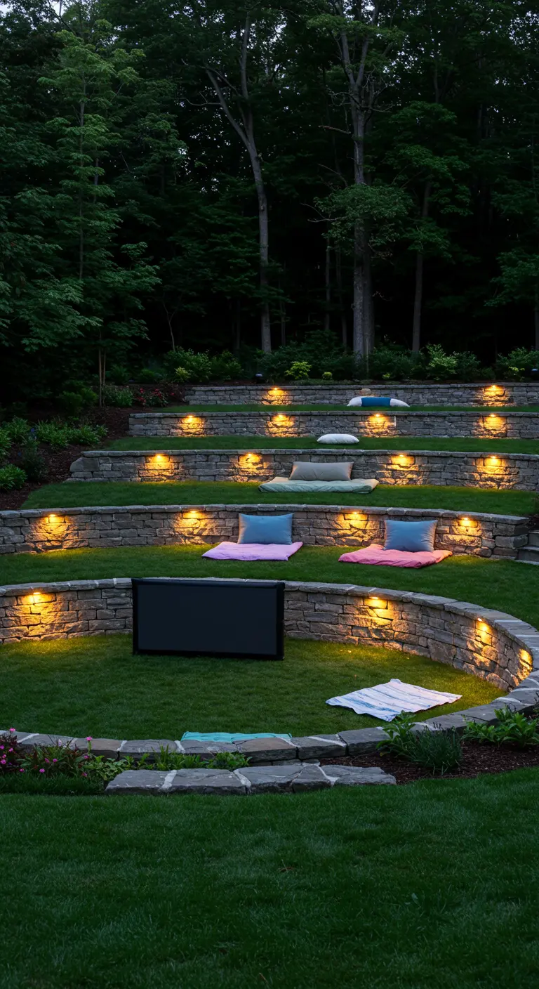 Jardin en terrasses avec des murs en pierre éclairés, formant un amphithéâtre naturel.