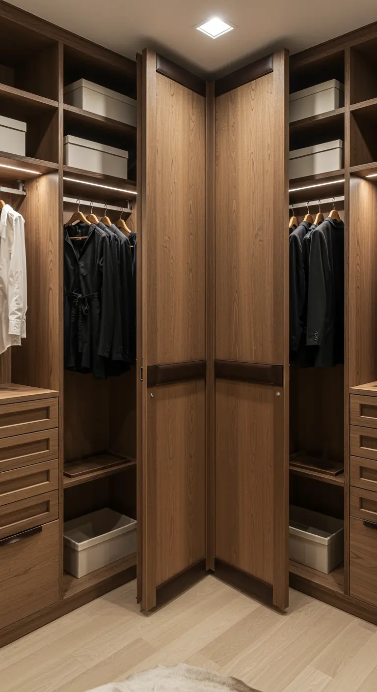 Dressing en bois chaleureux avec portes pliantes d'angle et étagères éclairées.