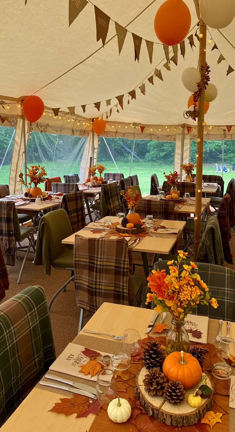Table d'automne avec plaids, citrouilles et feuilles mortes.