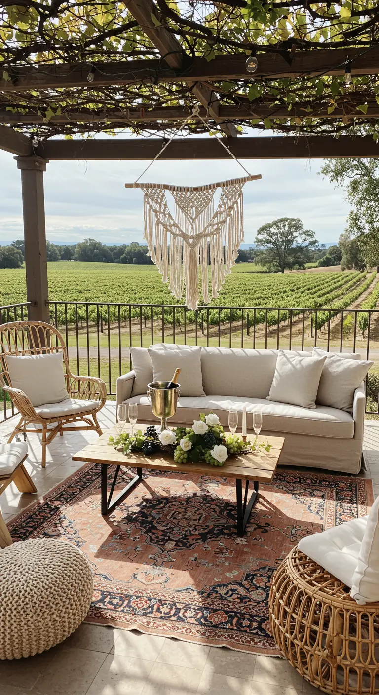 Coin lounge bohème sur une terrasse avec vue sur un vignoble.
