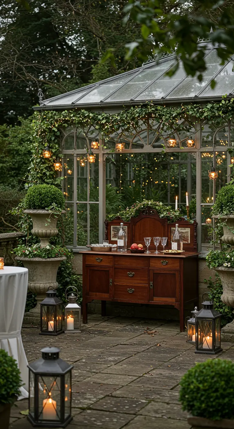 Buffet en bois vintage devant une serre illuminée, entouré de lanternes au sol.