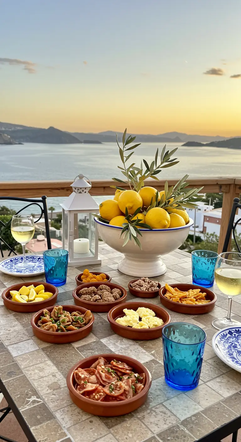 Table d'apéritif méditerranéen avec une coupe de citrons et des bols en terre cuite