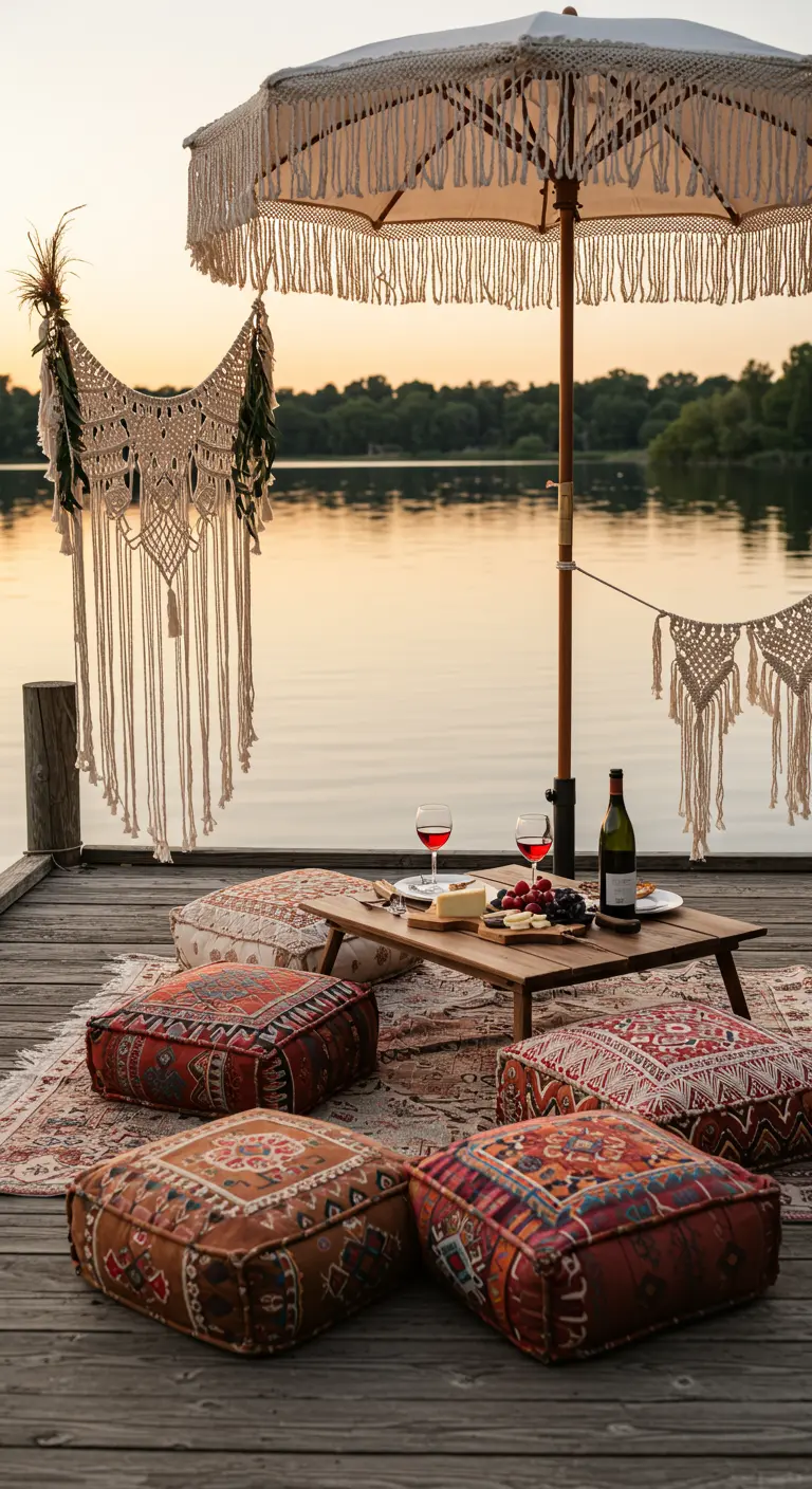 Pique-nique sur un ponton au bord de l'eau avec un parasol à franges et des coussins.