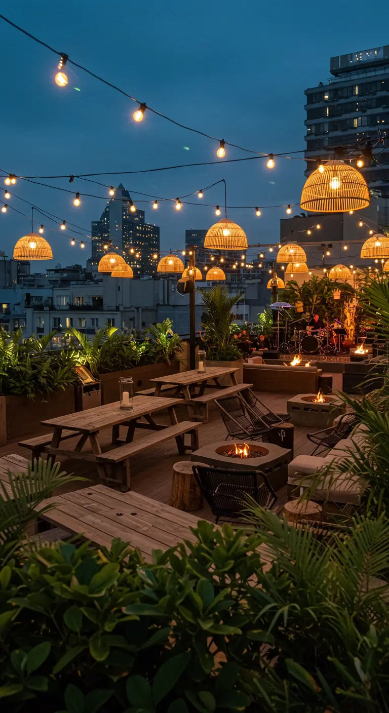 Terrasse sur le toit avec tables de pique-nique en bois, braseros, plantes tropicales et lanternes suspendues, vue sur la ville.