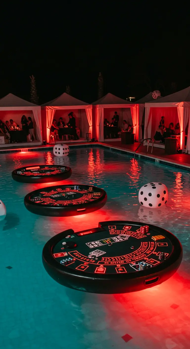 Tables de jeu flottant dans une piscine la nuit, éclairée en rouge.