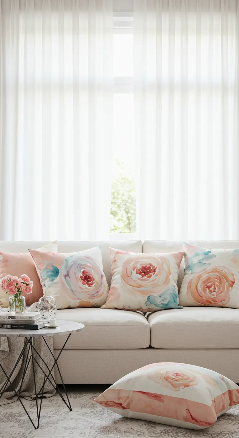 Canapé blanc avec quatre coussins identiques à motif de roses en aquarelle.