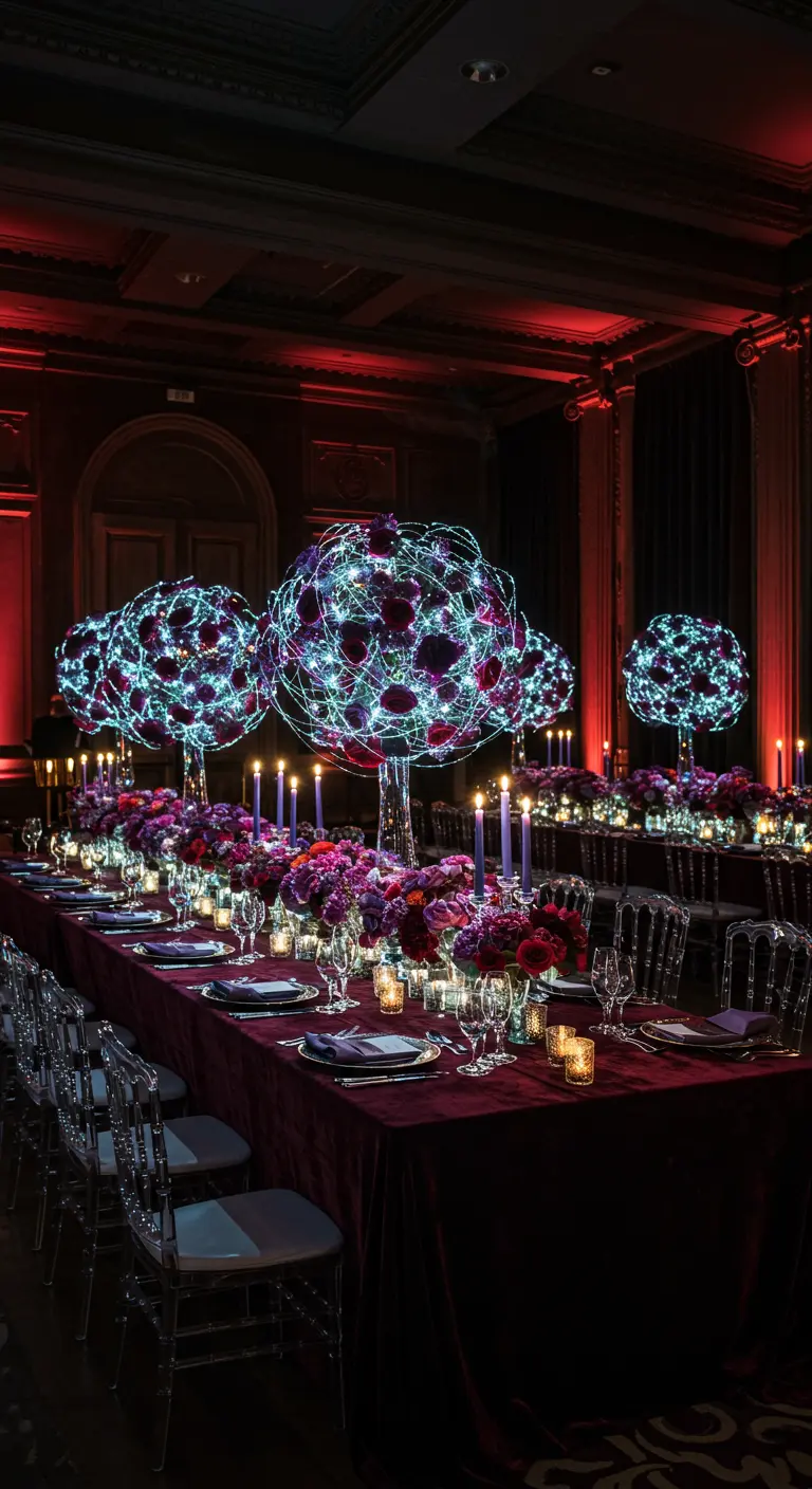 Longue table de dîner avec des arbres lumineux violets et bleus, bougies et chemin de table en velours.