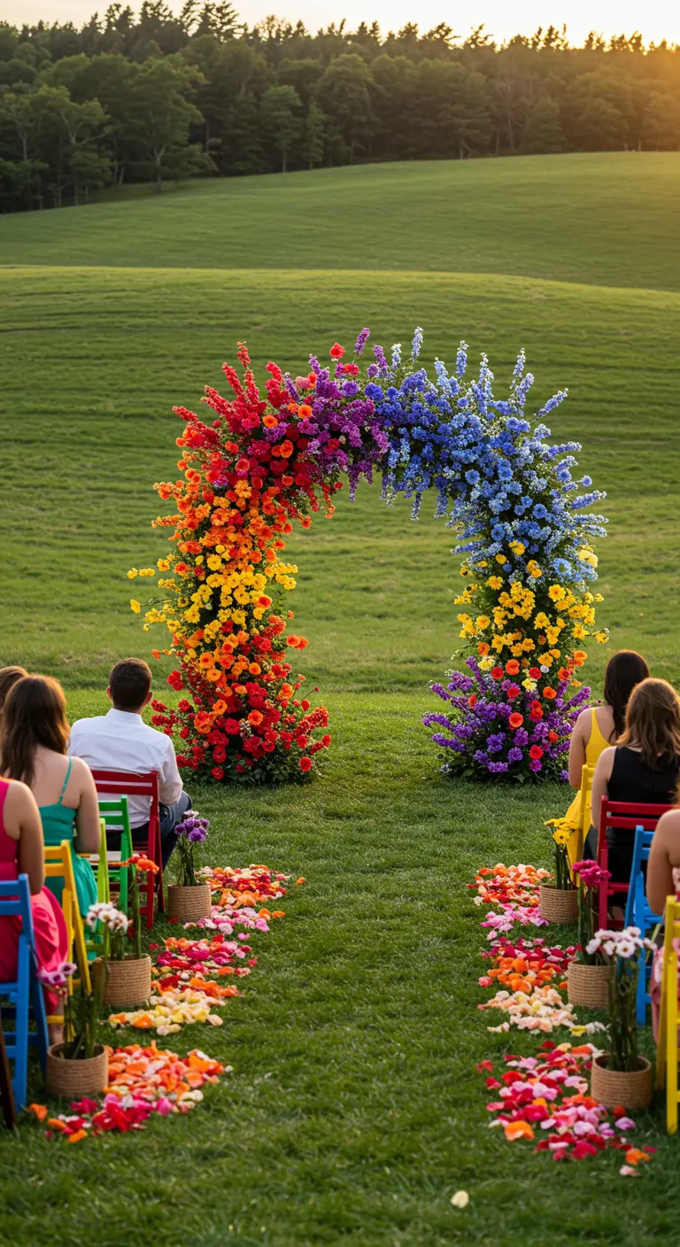 Arche de mariage recouverte de fleurs formant un dégradé arc-en-ciel.