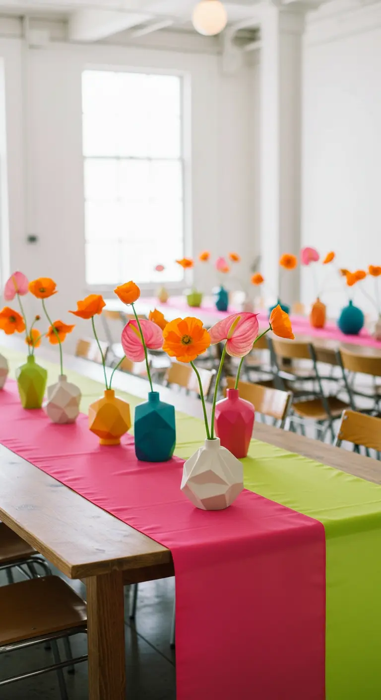Longue table avec des chemins de table fuchsia et vert, et des vases géométriques colorés.