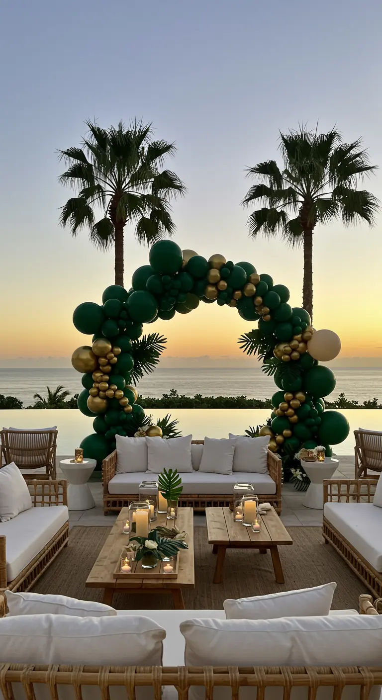 Lounge extérieur avec arche de ballons vert et or devant un coucher de soleil sur l'océan.