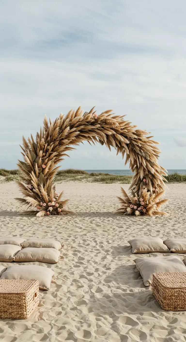 Immense arche entièrement faite d'herbe de la pampa sur une plage de sable.