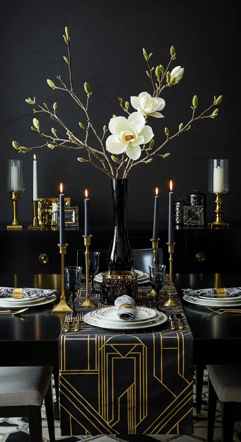 Table Art Déco avec chemin de table noir et or, et fleurs de magnolia.