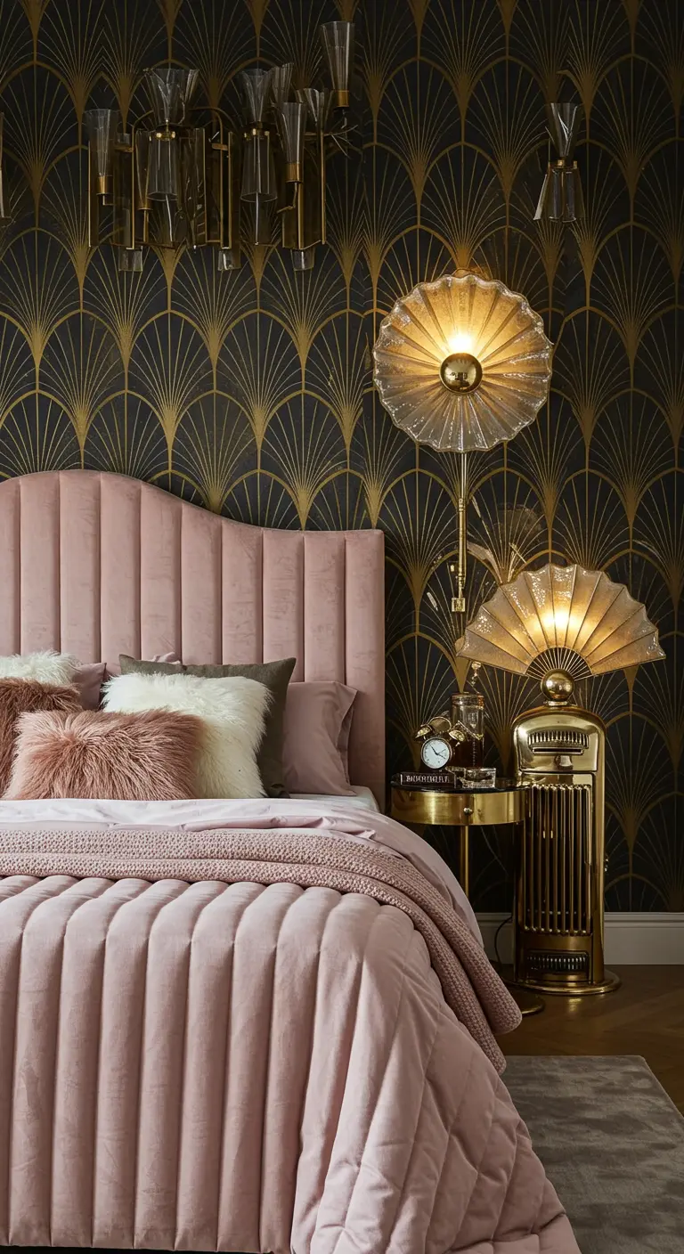 Chambre Art Déco avec lit en velours rose, papier peint graphique et accents dorés.