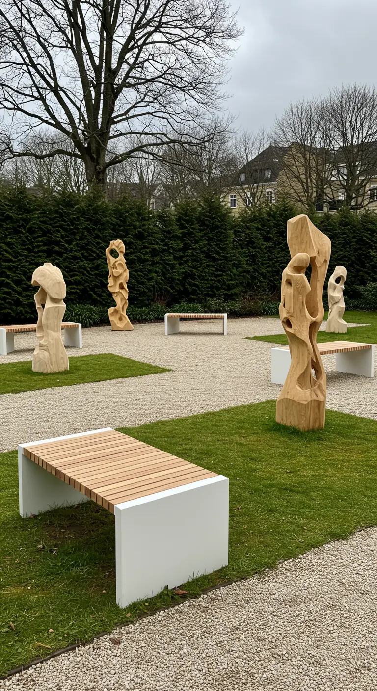 Jardin avec bancs blancs et bois, sculptures en bois abstrait, allées de gravier et pelouse.