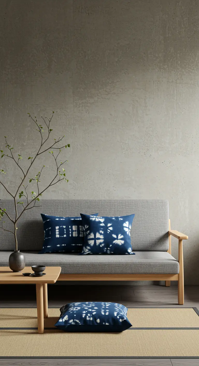 Canapé gris minimaliste avec deux coussins bleus à motifs de teinture japonaise shibori.