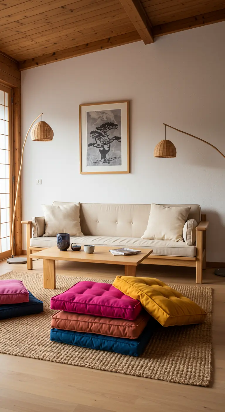 Coussins de sol colorés empilés sur un tapis en jute dans un salon Japandi.