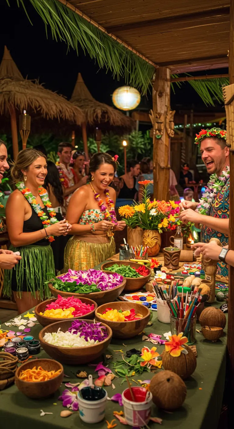 Invités souriants à un stand de création de couronnes de fleurs lors d'une fête tropicale.