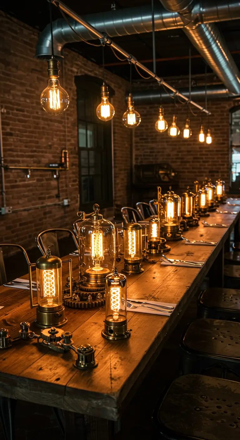 Longue table en bois brut avec une série de lampes de table industrielles à ampoules Edison.