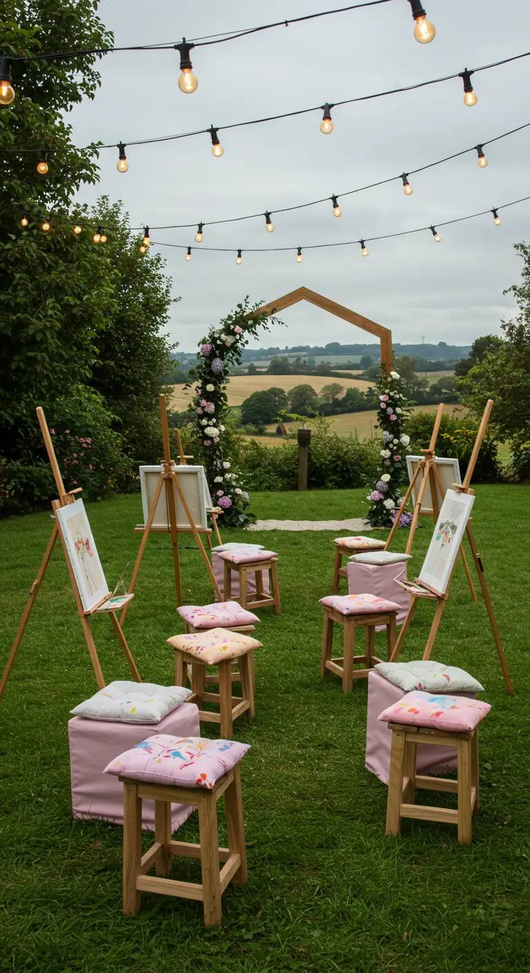 Atelier de peinture en plein air avec des chevalets installés devant une arche fleurie.