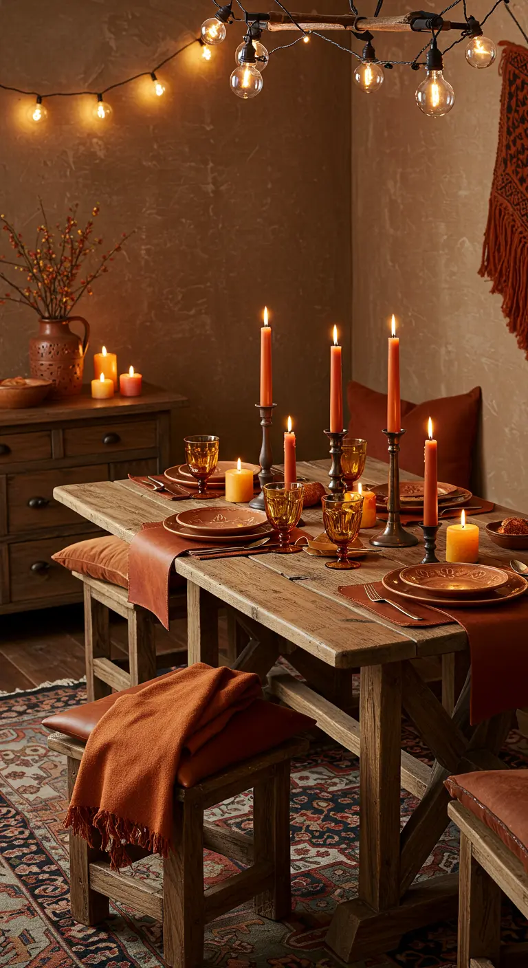 Table en bois rustique, chemin de table orange, vaisselle orangée, bougies, guirlande lumineuse.