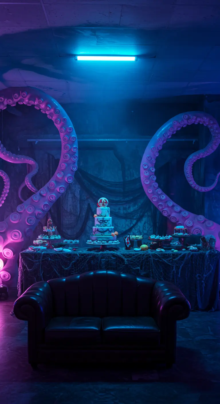 Buffet de fête avec des tentacules de kraken géantes et un éclairage néon