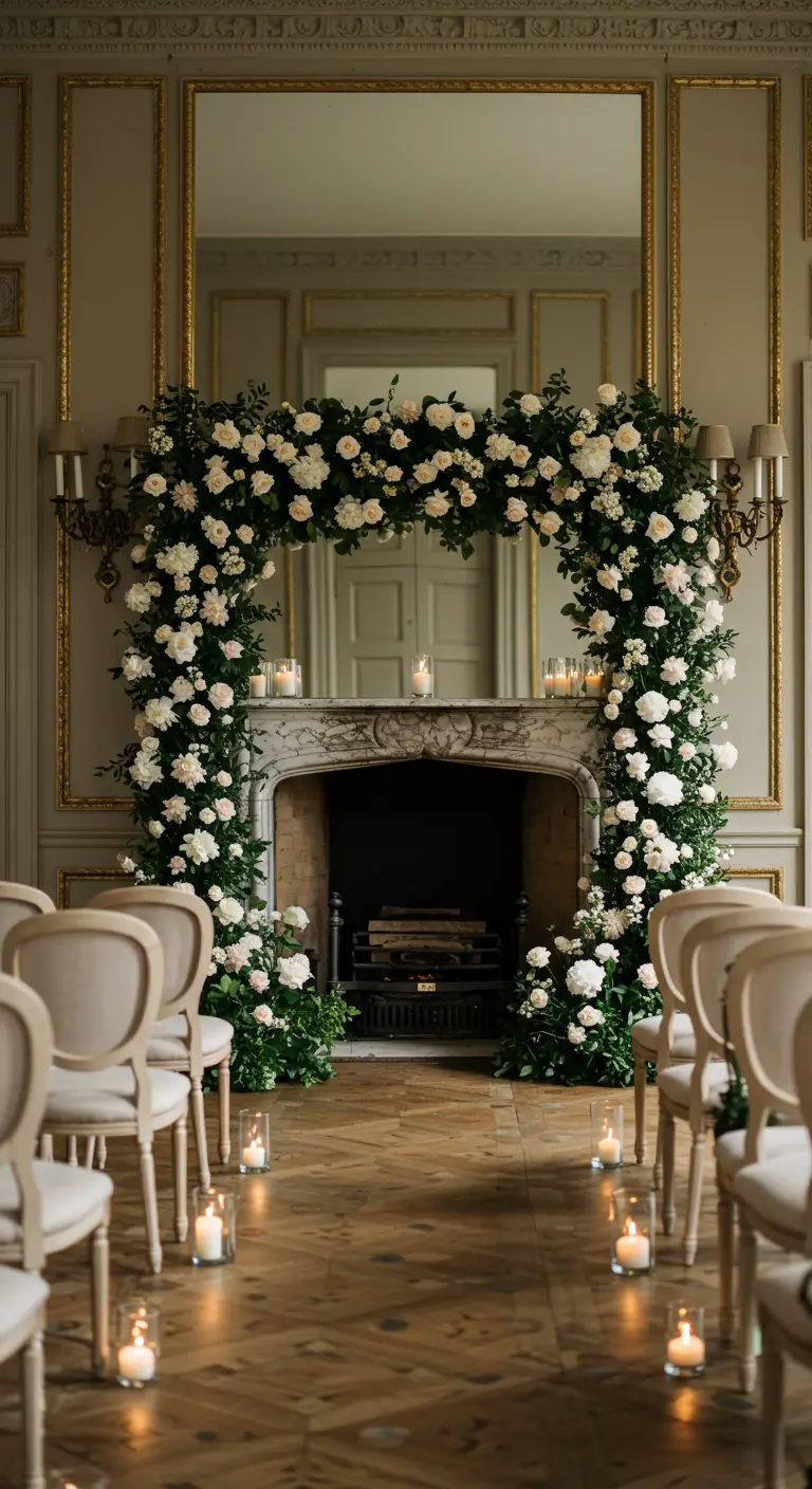 Arche de roses blanches luxuriante encadrant une cheminée.