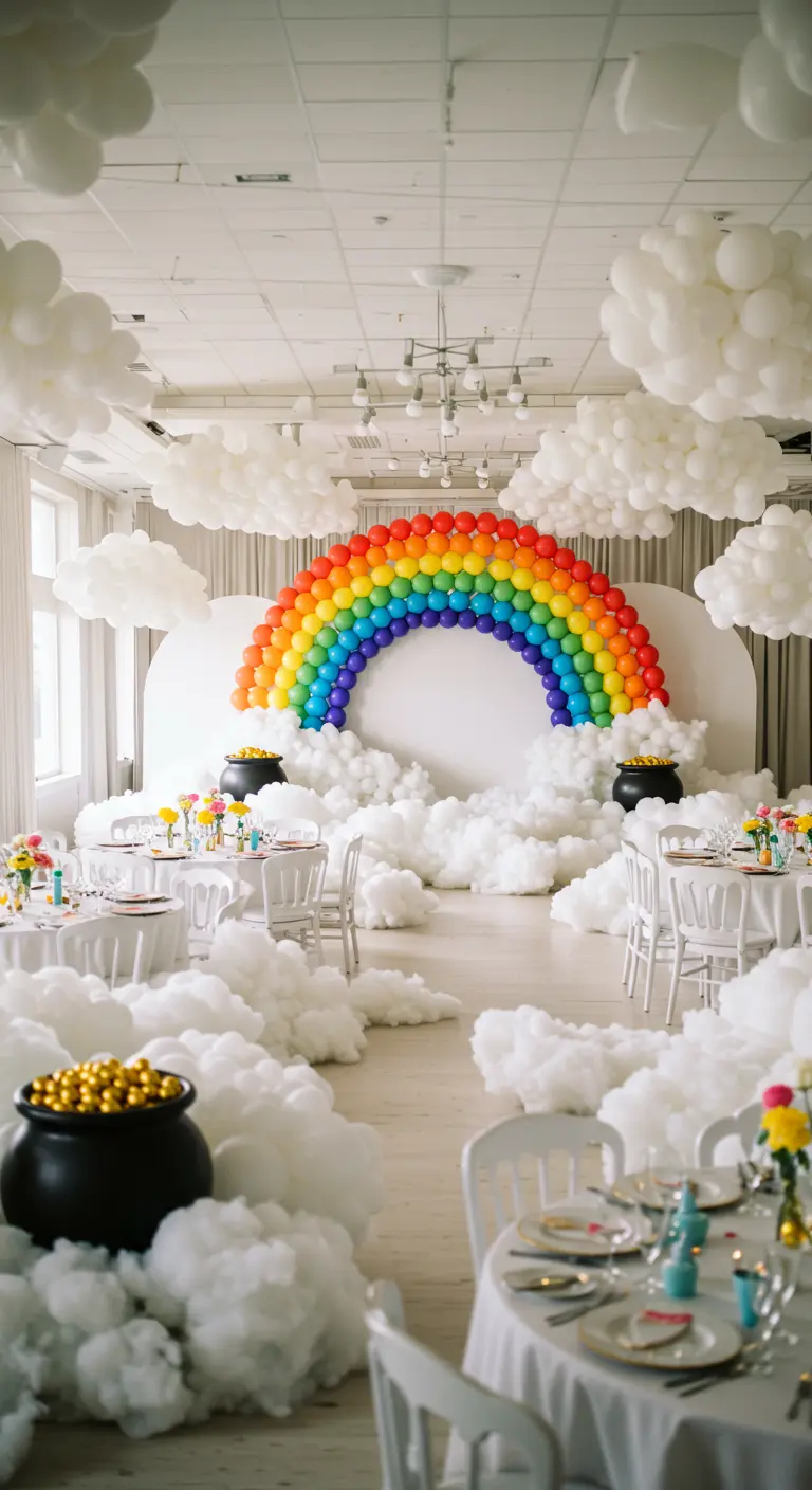 Un grand arc-en-ciel en ballons entouré de nuages de ballons blancs dans une salle de fête.