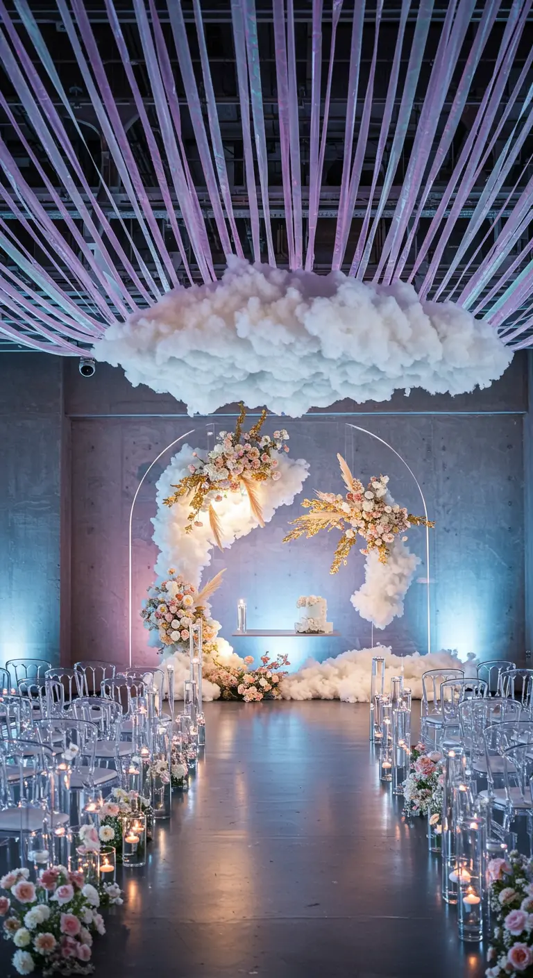 Décor de mariage avec une arche florale sous un grand nuage artificiel et des lumières bleues.