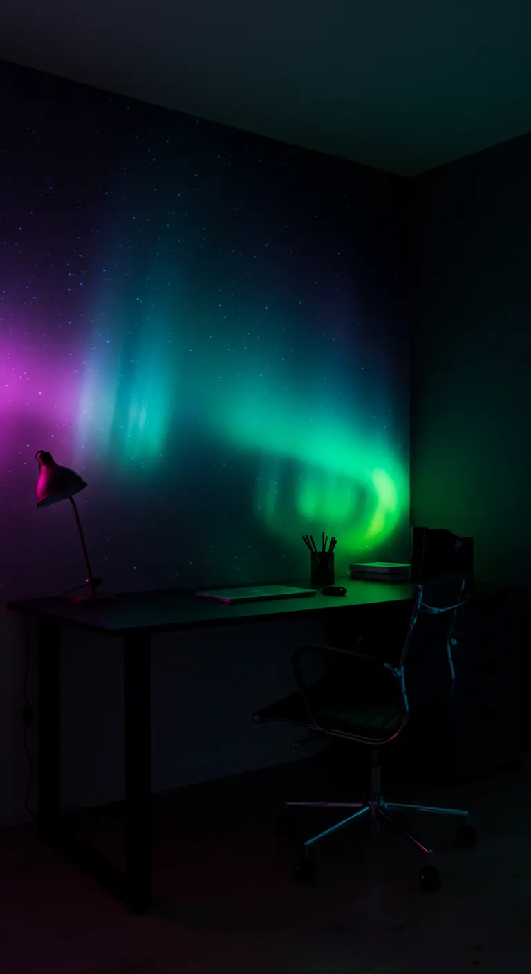 Silhouette d'un bureau dans le noir, avec une projection d'aurore boréale verte et violette au mur.