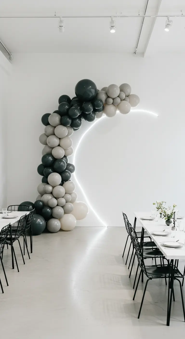 Arche de ballons en dégradé de gris avec un néon blanc en forme d'arc.
