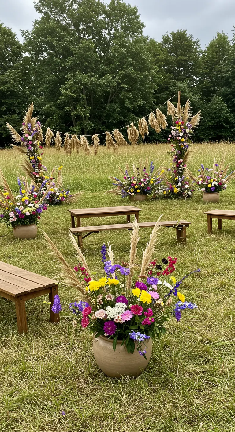 Autel de cérémonie en plein air avec des compositions florales colorées, de la pampa et des bancs en bois.