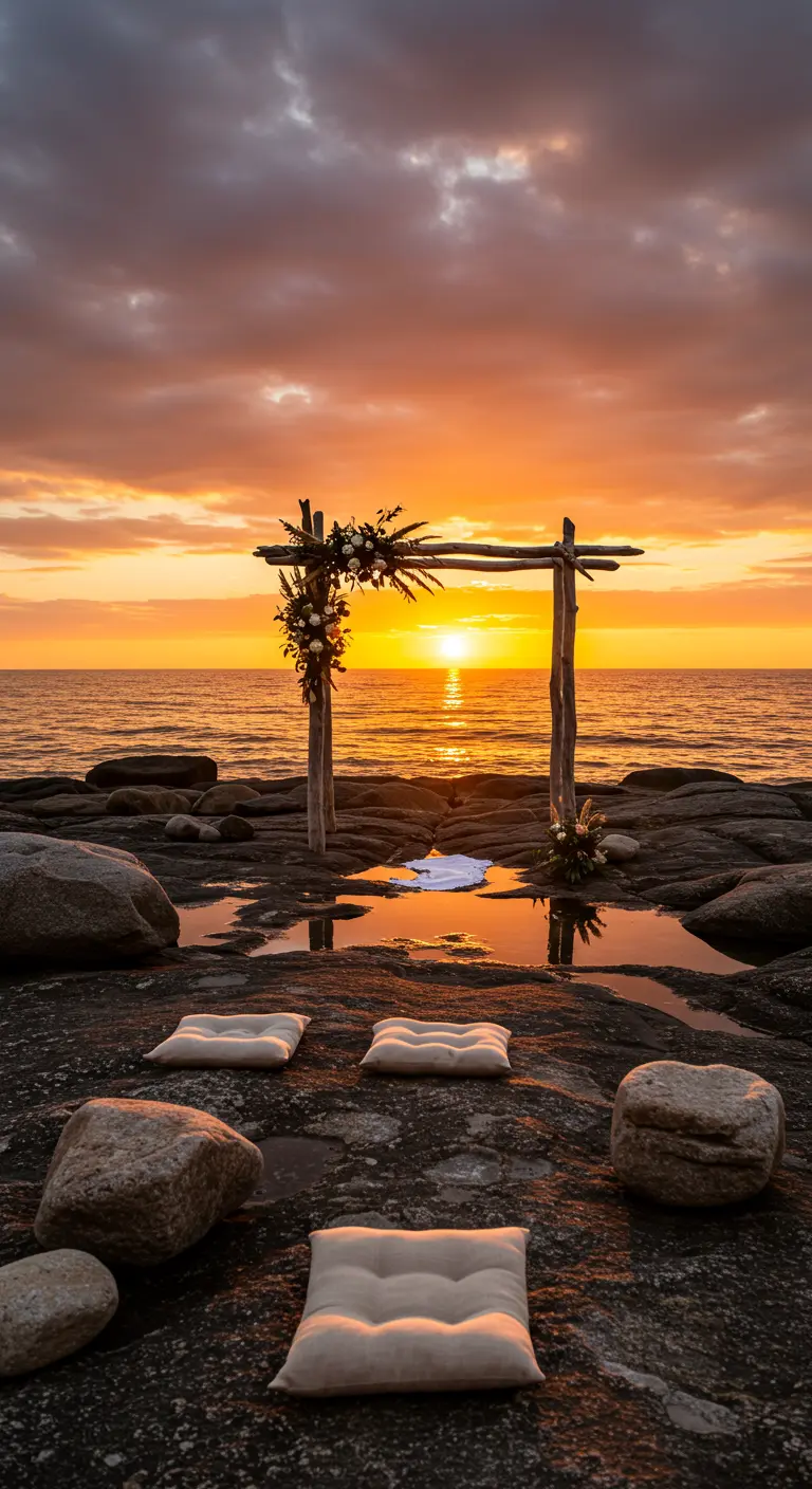 Arche simple en bois flotté sur des rochers au bord de la mer au coucher du soleil.