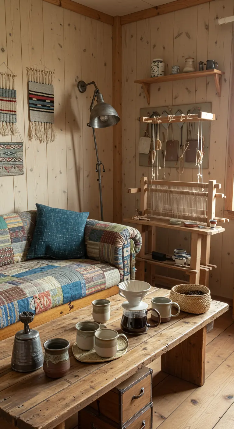 Table basse en bois brut avec tasses artisanales, cafetière et tissages muraux.