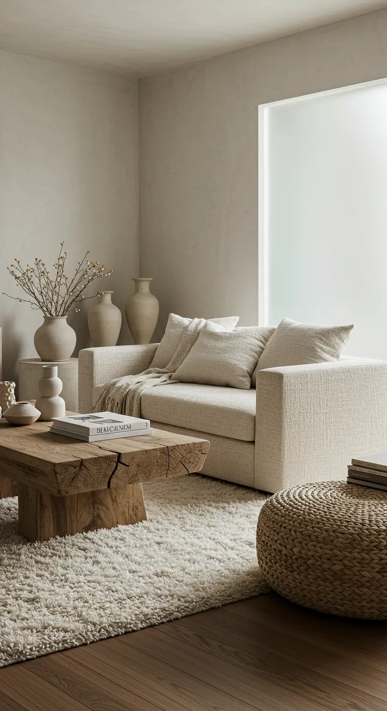 Salon aux tons naturels avec canapé en lin crème, table basse en bois brut, tapis moelleux et pouf tressé.