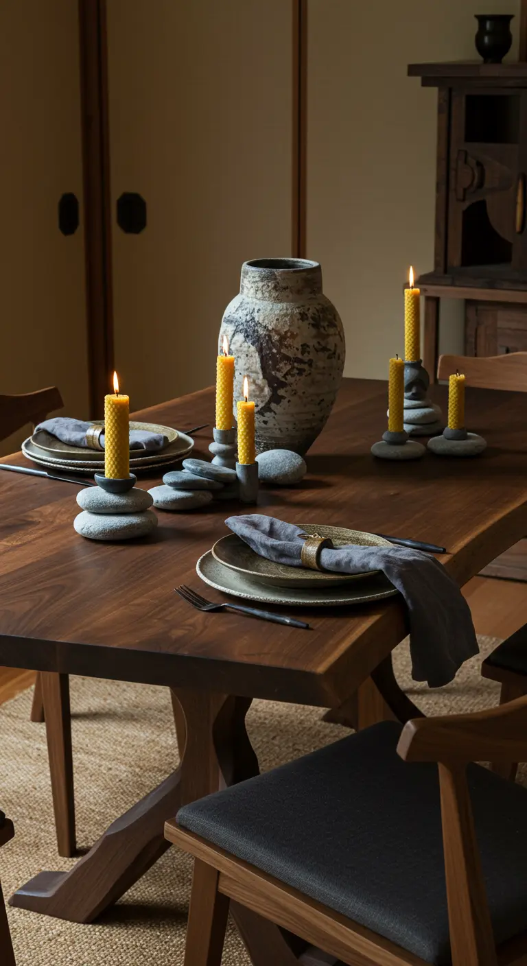 Table Japandi en bois foncé, chandeliers DIY en galets, bougies cire d'abeille, vase patiné.