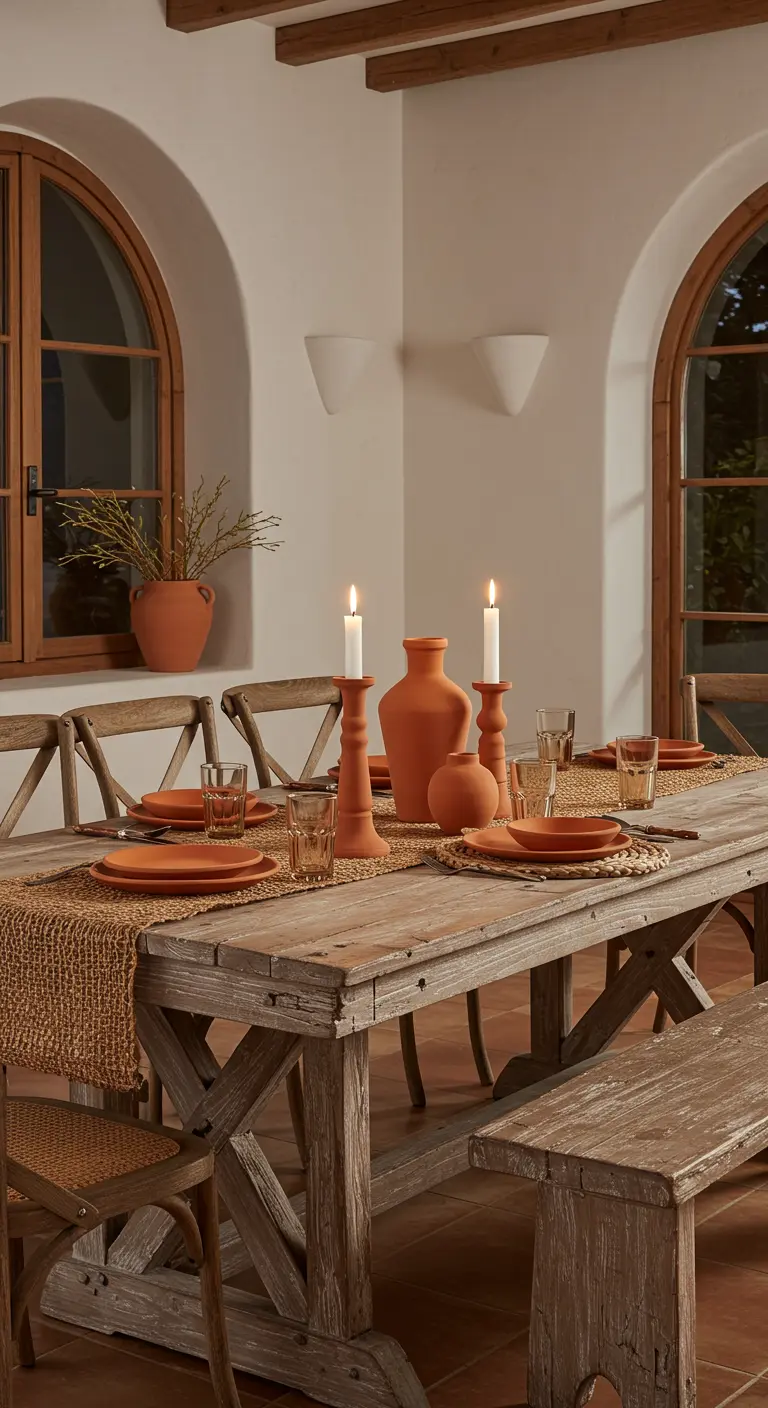 Table en bois rustique, vaisselle et vases en terre cuite, bougies blanches.