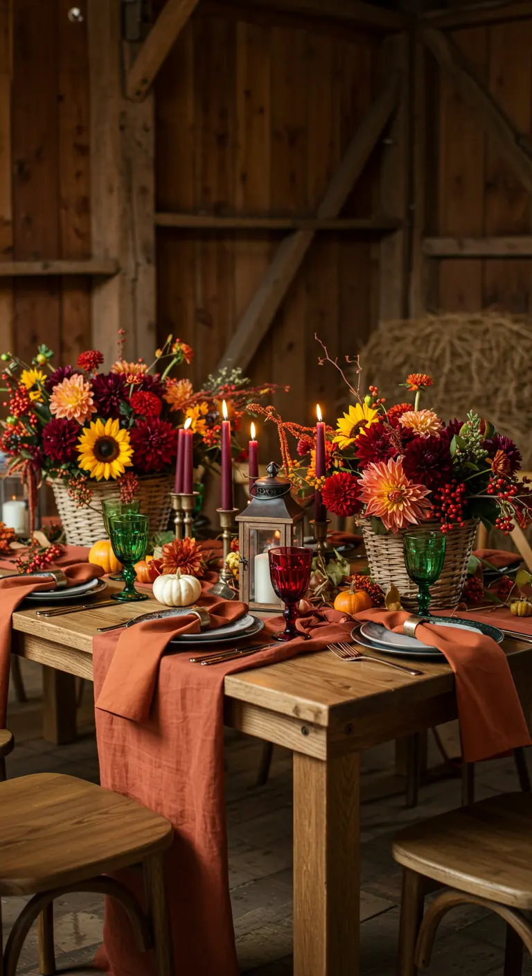 Table automnale dans une grange avec chemin de table rouille, paniers de dahlias et tournesols, verres colorés.