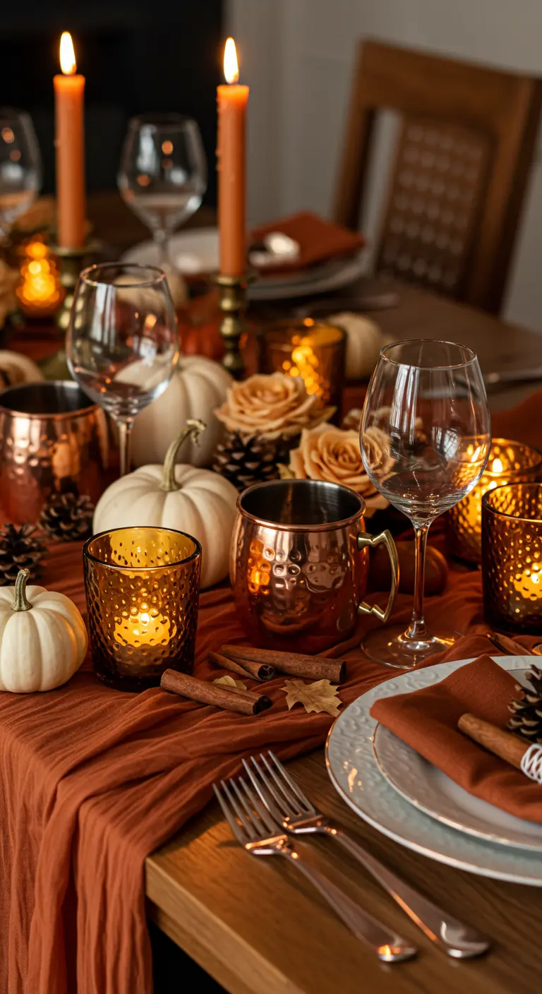 Table d'automne avec chemin de table orange, tasses en cuivre, citrouilles et bougies.