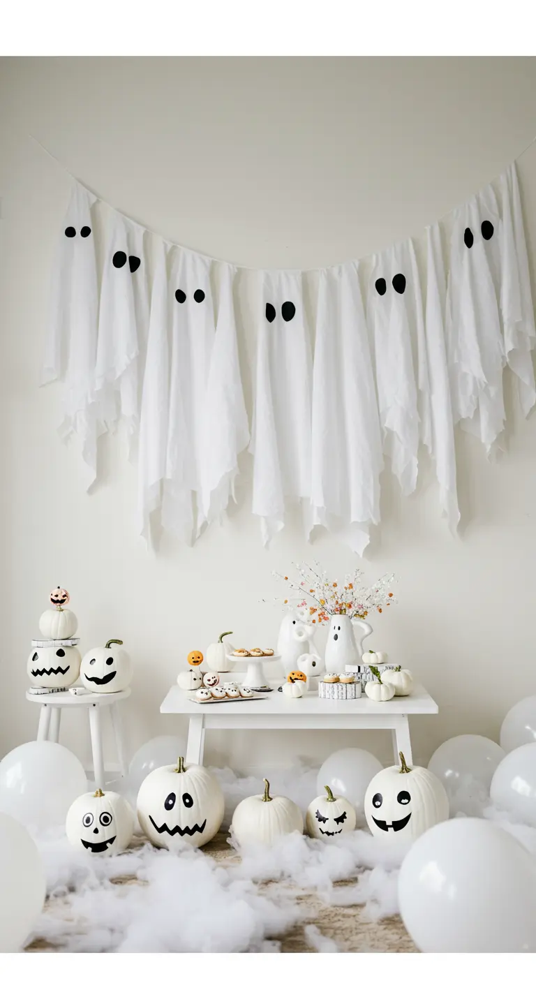 Décoration d'Halloween entièrement blanche avec des fantômes et des citrouilles.