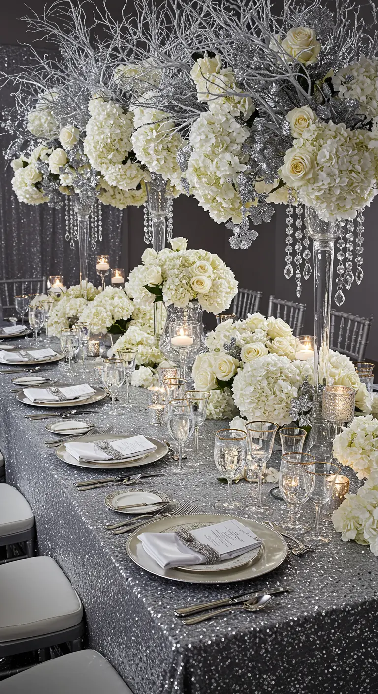 Table de réveillon glamour avec nappe argentée et fleurs blanches.