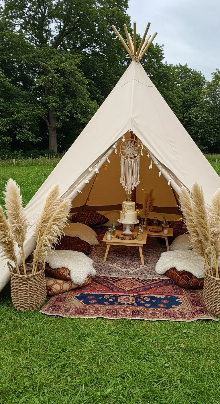 Fête d'anniversaire organisée à l'intérieur d'un grand tipi décoré.
