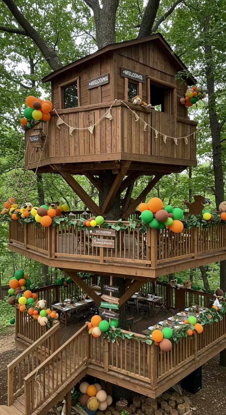 Grande cabane en bois à plusieurs niveaux dans un arbre, décorée de ballons pour un anniversaire.