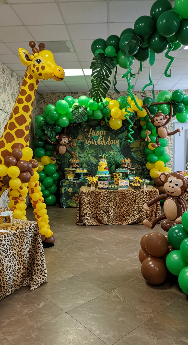 Décoration d'anniversaire thème jungle avec une girafe et des singes en ballons.