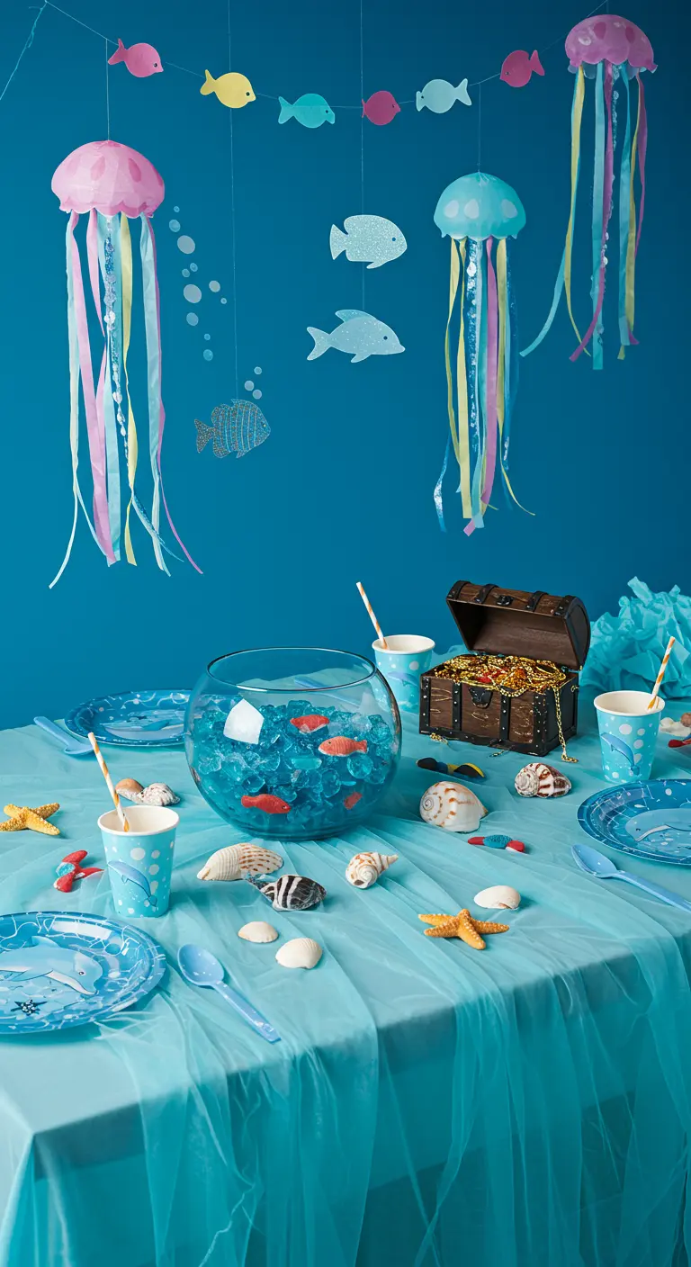 Décoration de table sous la mer avec méduses en papier suspendues et coffre au trésor.