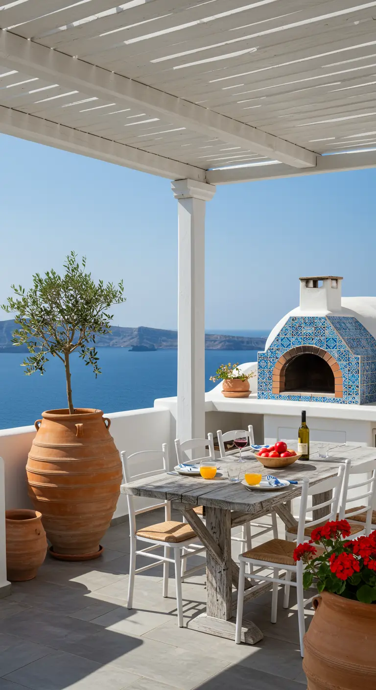 Terrasse blanche avec four à pizza en mosaïque bleue et vue sur la mer.