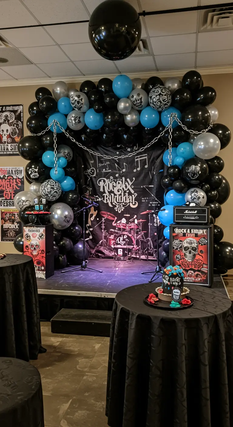 Décor de fête rock avec des ballons noirs, argentés et bleus, et des motifs de têtes de mort.