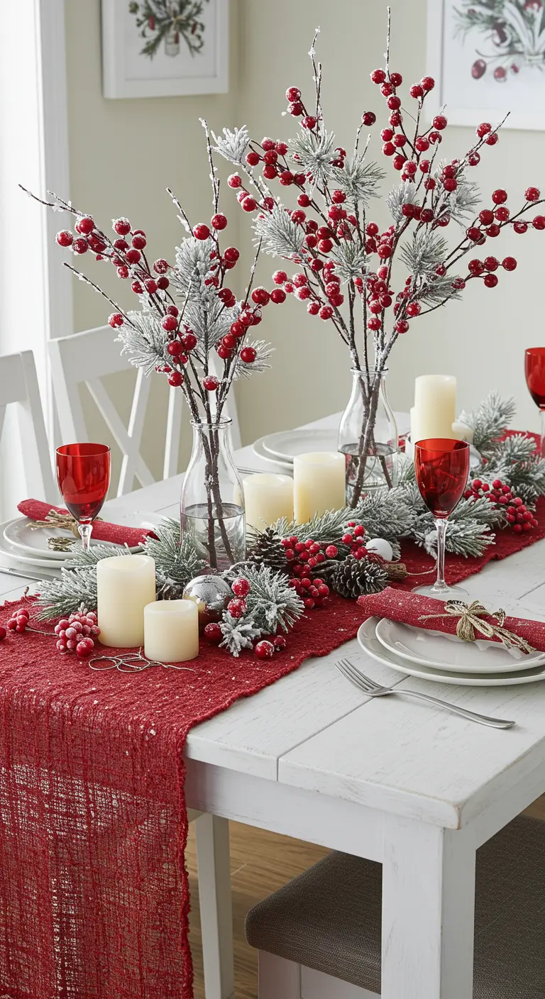 Table de fête blanche et rouge avec un chemin de table garni de baies rouges et de branches enneigées.