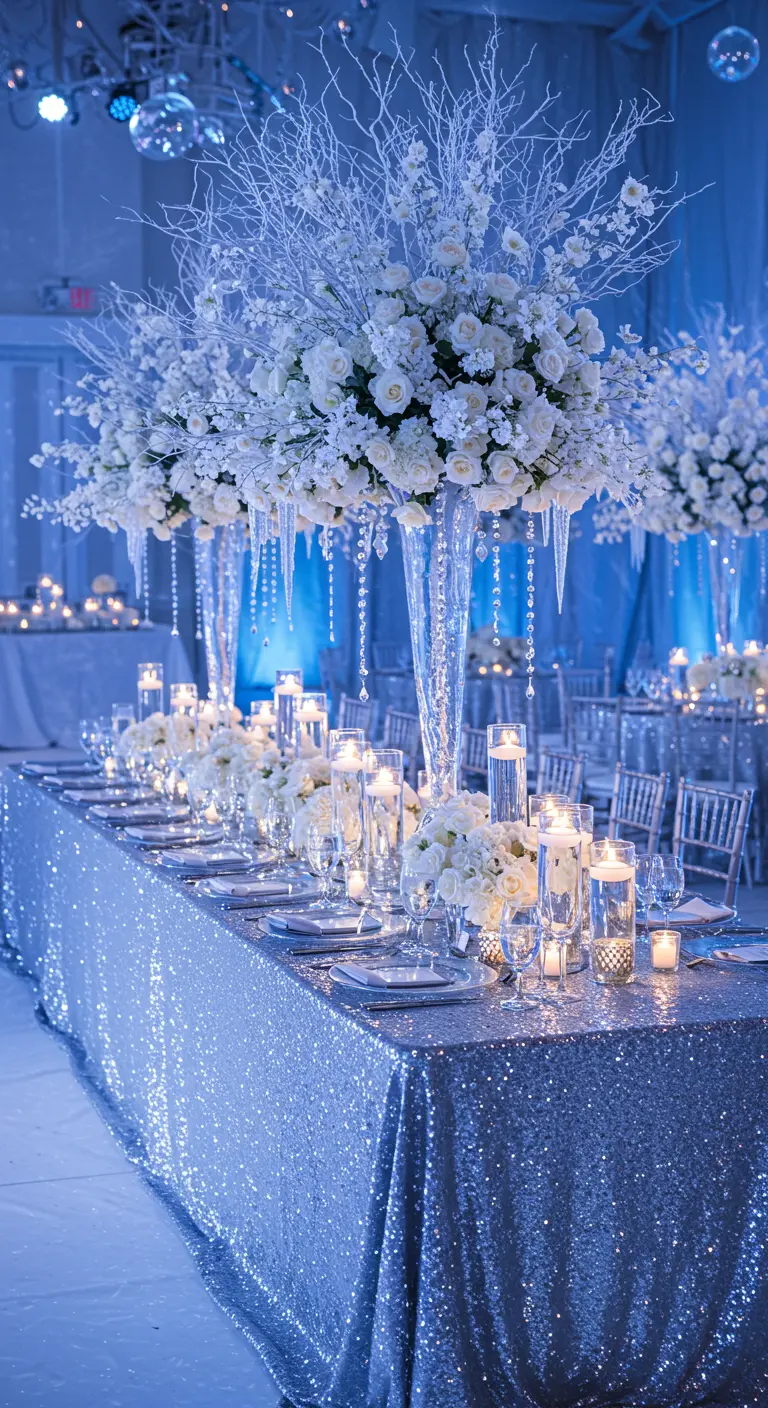 Décor de fête hivernal avec fleurs blanches, branches et nappe à sequins.